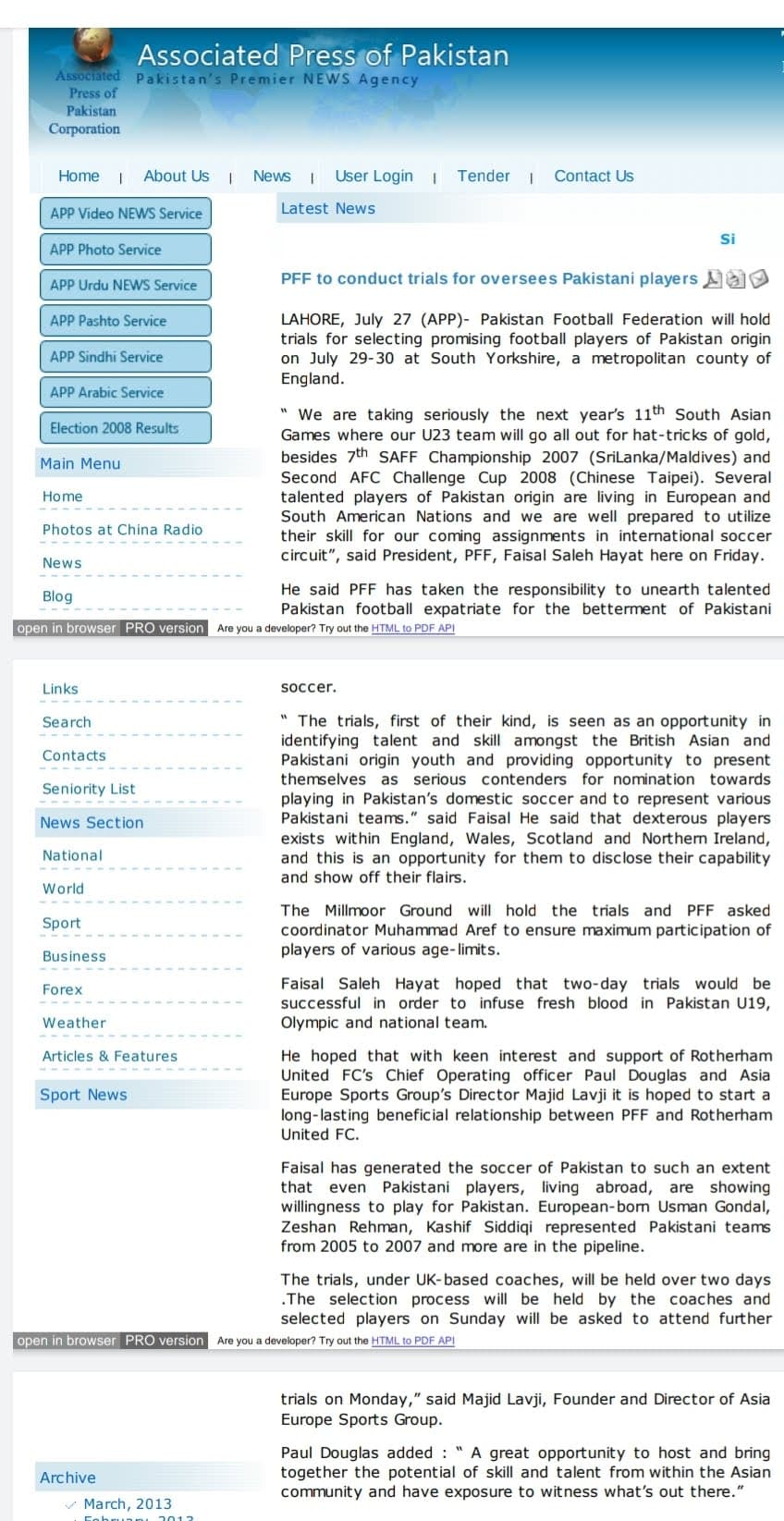 Associated Press of Pakistan article headlined 'PFF to conduct trials for overseas Pakistani players', reporting trials in England and naming Majid Lavji as director of Asia Europe Sports Group