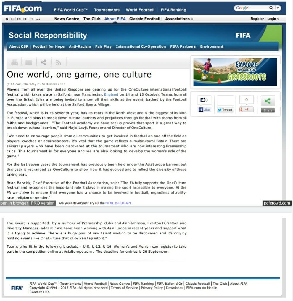 FIFA.com article headlined 'One world, one game, one culture', quoting Majid Lavji as founder and director of OneCulture