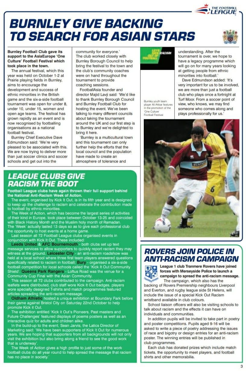 Press page including articles headlined 'Burnley give backing to search for Asian stars' and 'League clubs give racism the boot'