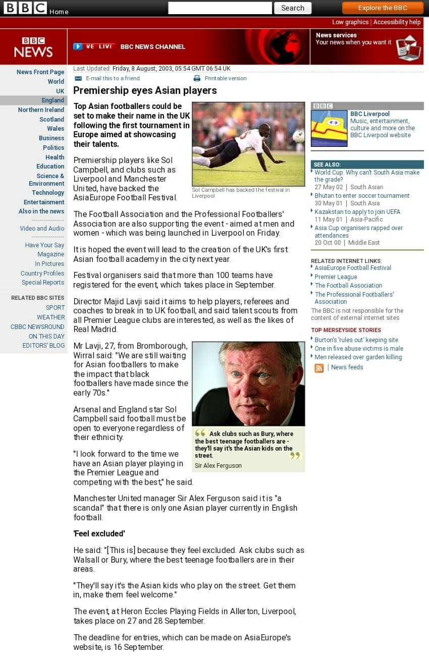 BBC News article headlined 'Premiership eyes Asian players', reporting on the AsiaEurope Football Festival and quoting Majid Lavji