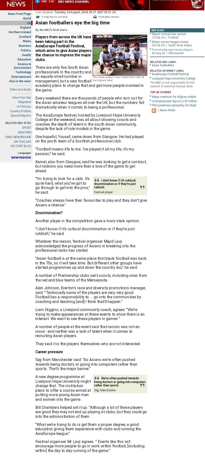 Newspaper feature headlined 'Asian footballers eye the big time'