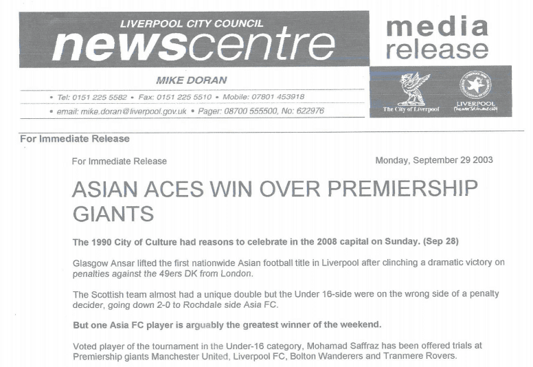 Liverpool City Council media release headlined 'Asian Aces win over Premiership giants'