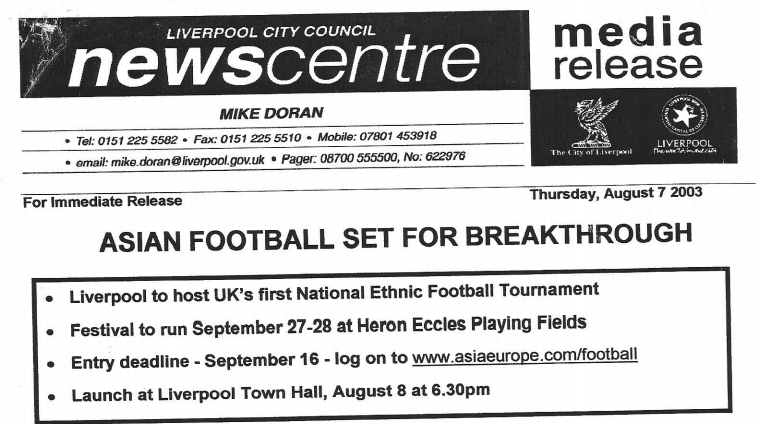 Liverpool City Council media release headlined 'Asian football set for breakthrough', announcing the festival at Heron Eccles Playing Fields
