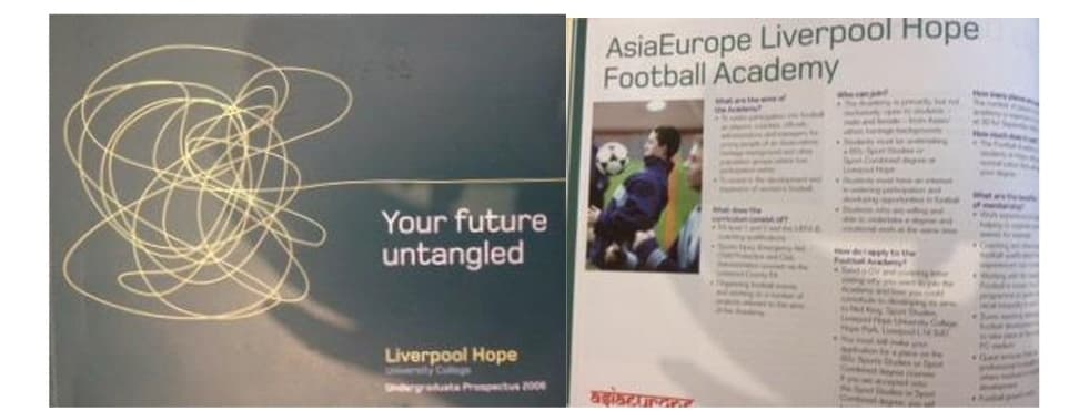 Liverpool Hope University College prospectus beside a page describing the AsiaEurope Liverpool Hope Football Academy