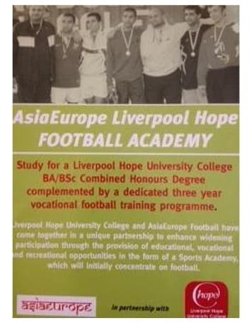 AsiaEurope Liverpool Hope Football Academy poster describing the combined degree and three-year vocational football training programme