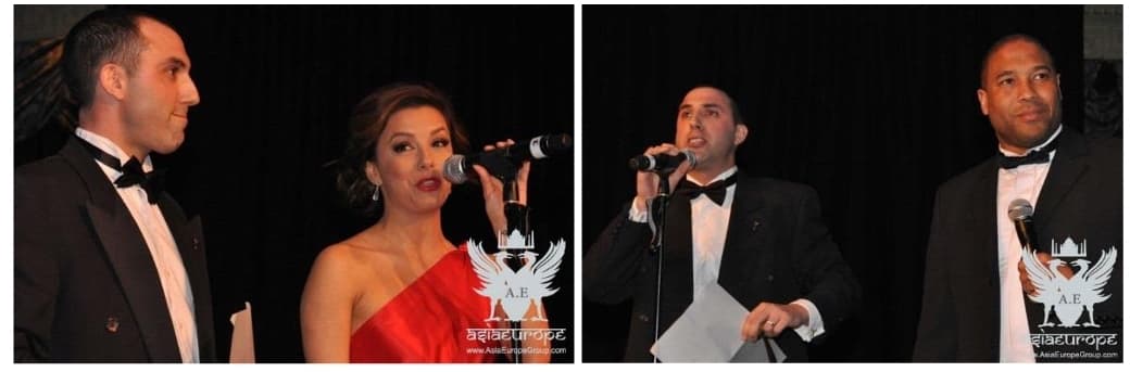 Two photographs from the Noble Gift Gala evening, showing guests on stage against an AsiaEurope backdrop